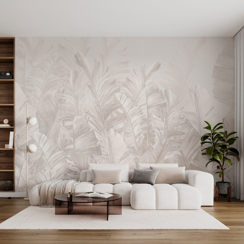 Tropenblätter in blasser Tusche in einem Interieur