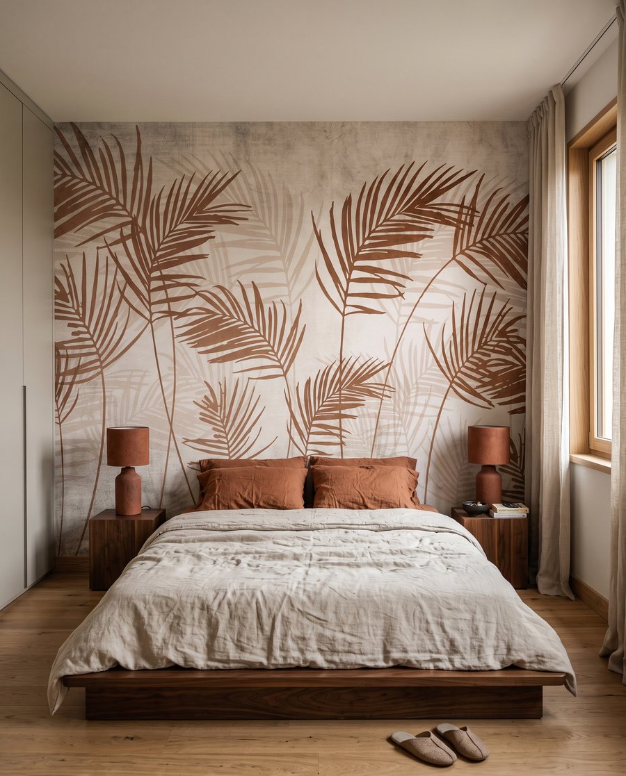 Kupferfarbene Palmblätter in einem Interieur