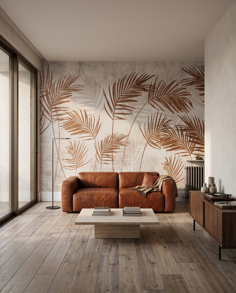 Kupferfarbene Palmblätter in einem Interieur