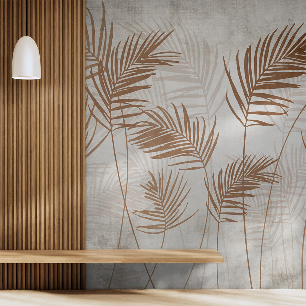 Kupferfarbene Palmblätter in einem Interieur
