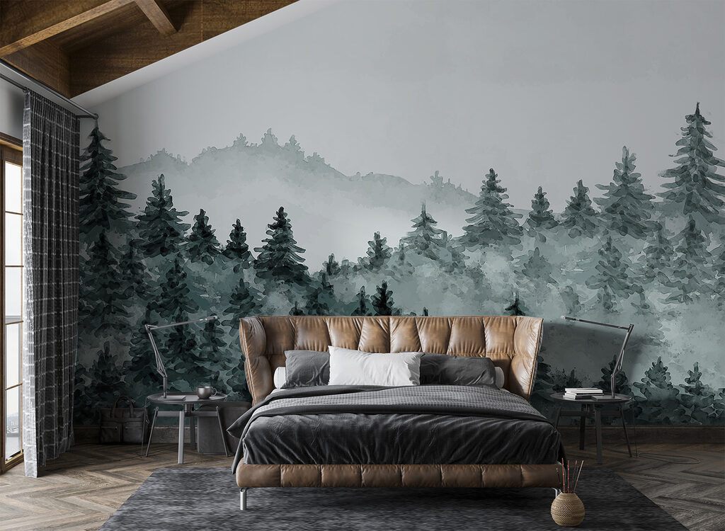 Kiefern auf nebligen Hügeln in einem Interieur