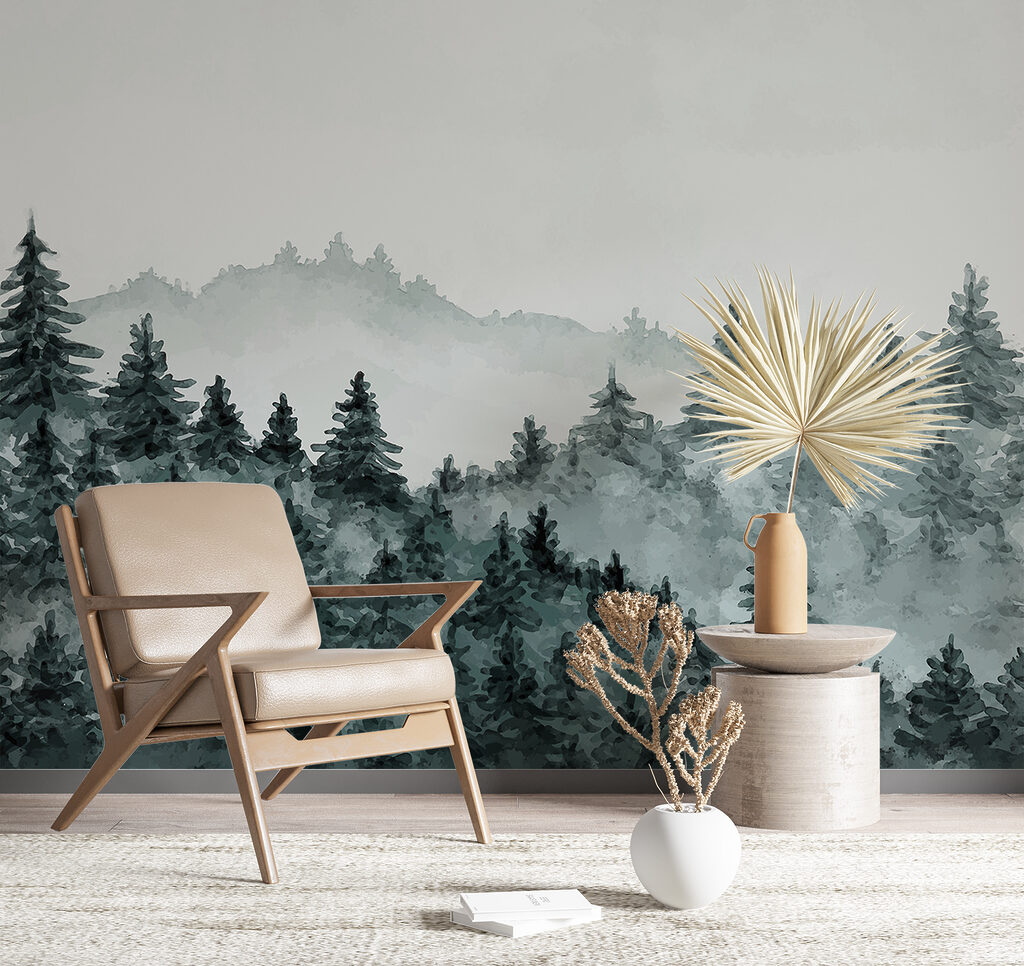 Kiefern auf nebligen Hügeln in einem Interieur