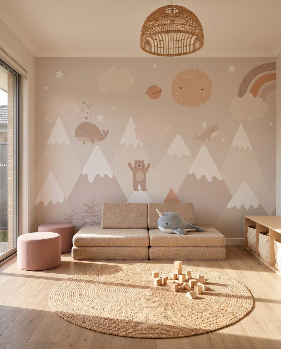 Wale zwischen sanften Bergen in einem Interieur
