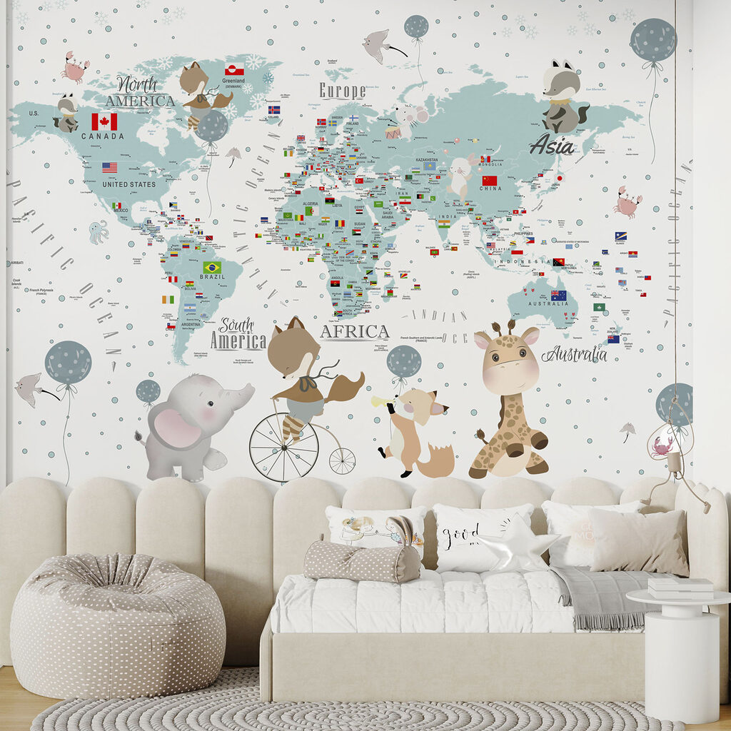 Weltkarte mit fröhlichen Reisegefährten in einem Interieur