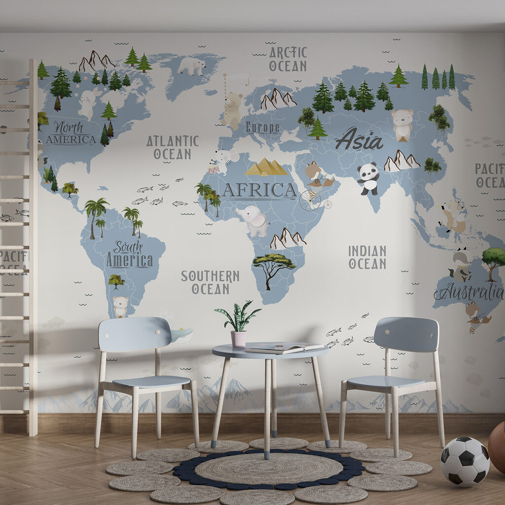 Weltkarte in kühlen Tönen in einem Interieur