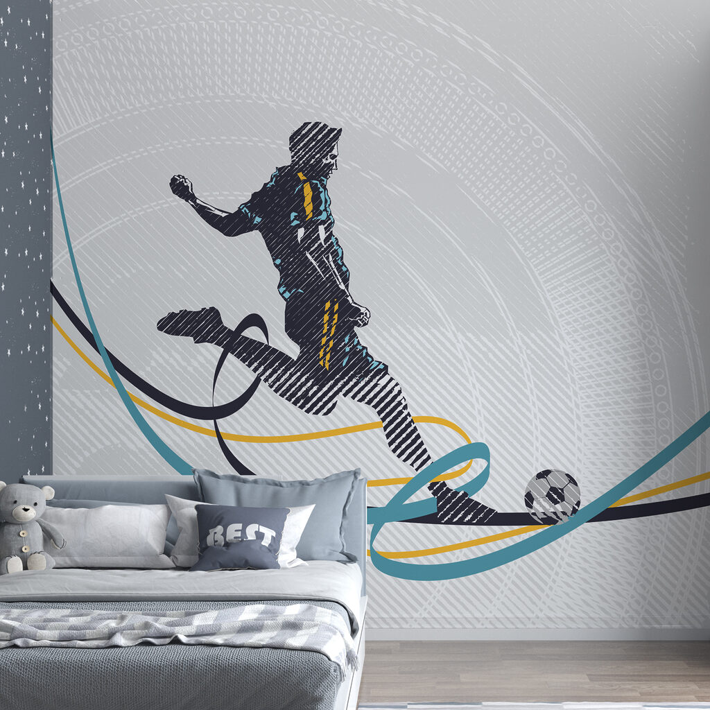 Fußball zwischen bunten Bahnen in einem Interieur