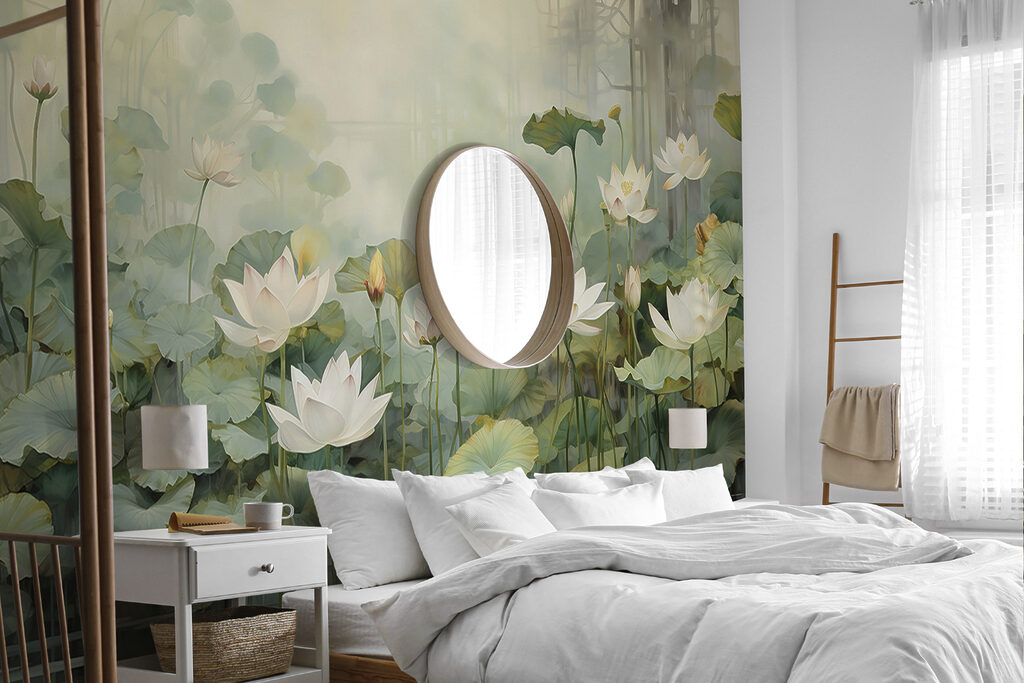 Lotusblüten im Morgennebel in einem Interieur