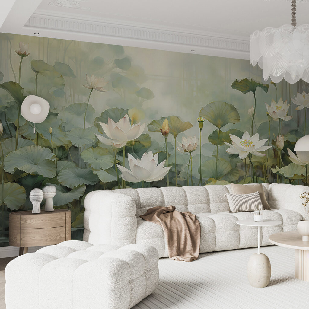Lotusblüten im Morgennebel in einem Interieur
