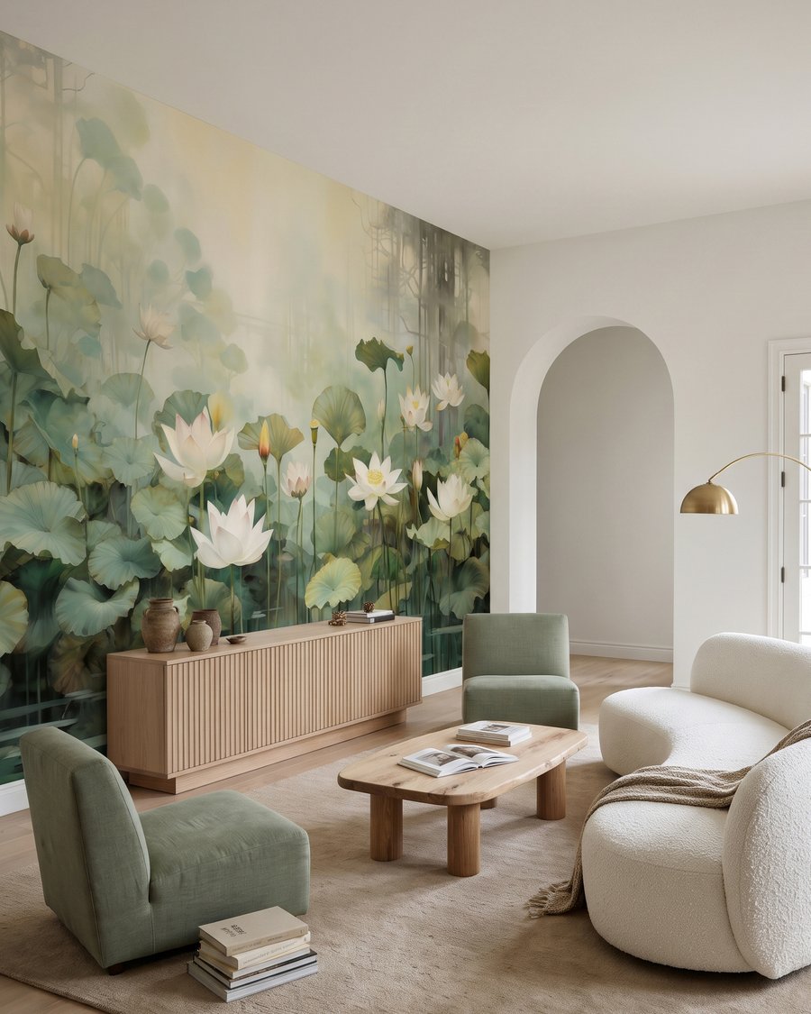Lotusblüten im Morgennebel in einem Interieur
