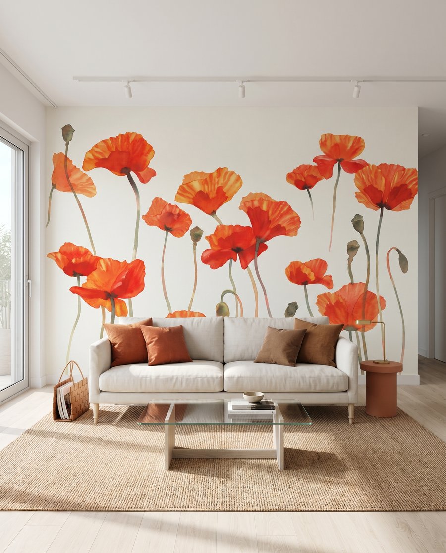 Mohnblumen mit langen Stielen in einem Interieur