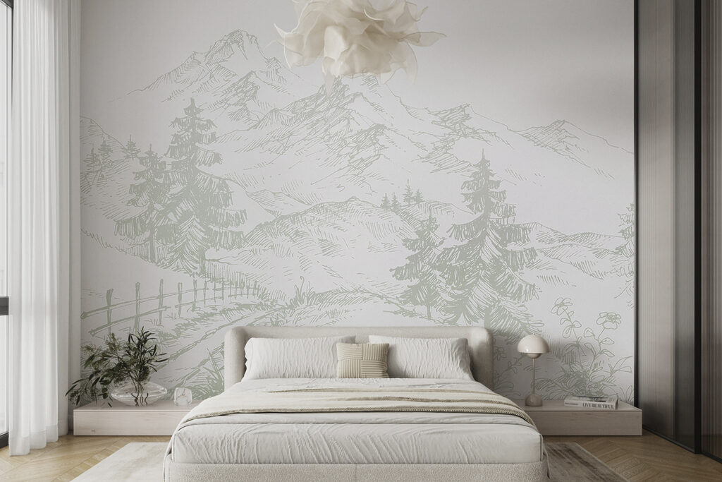 Bergpfad in feiner Schraffur in einem Interieur