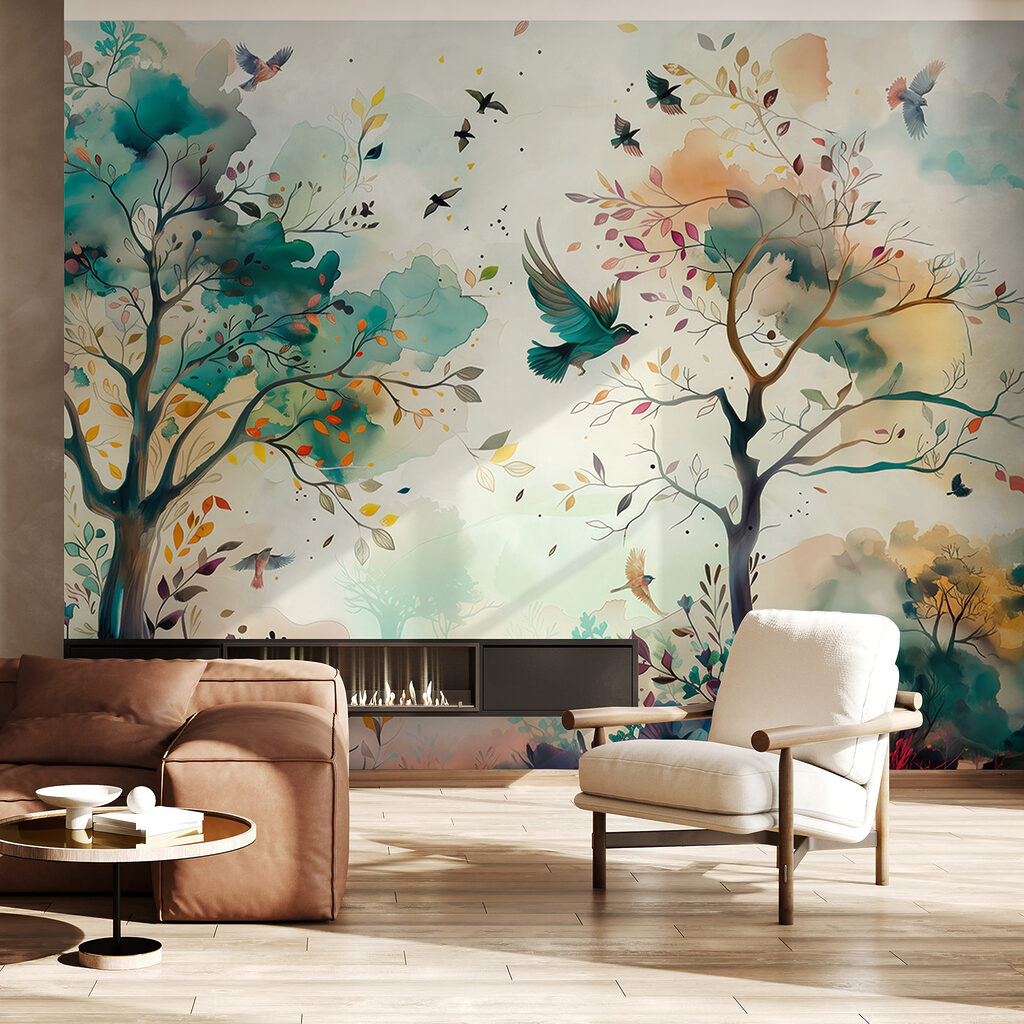 Vögel im Aquarellwald in einem Interieur