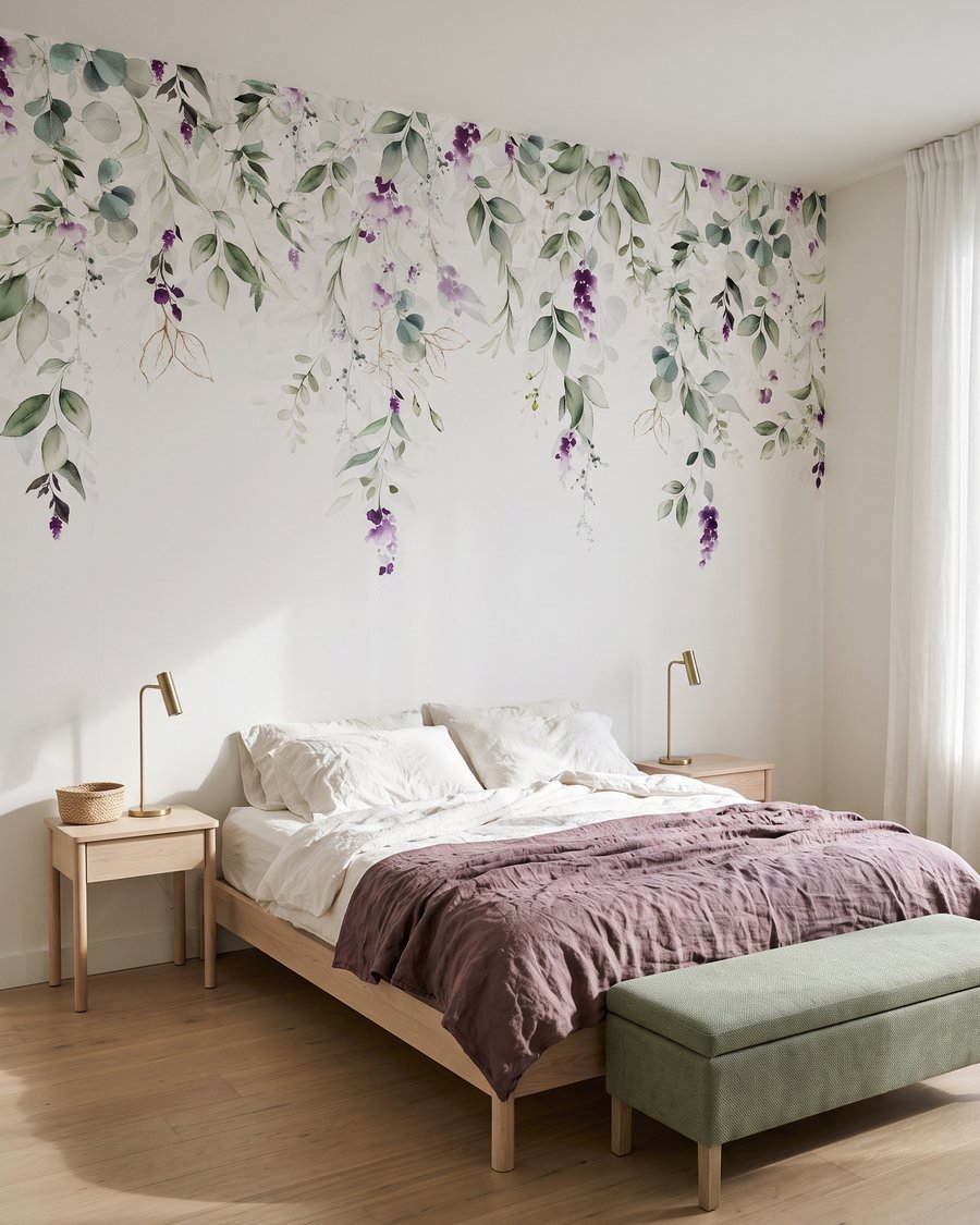 Violette Blüten an Zweigen in einem Interieur