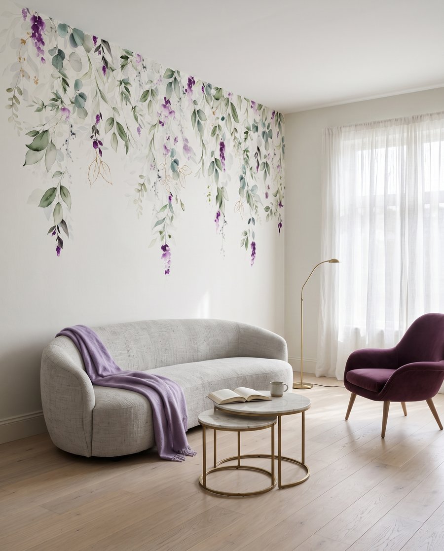 Violette Blüten an Zweigen in einem Interieur