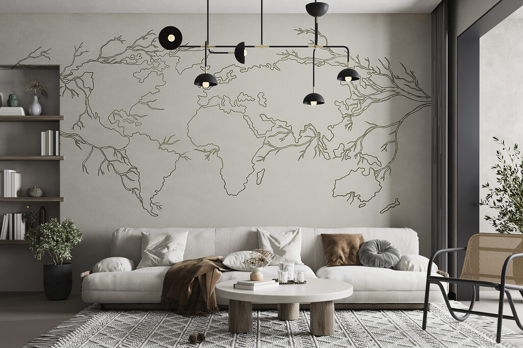 Weltkarte zwischen Zweigen in einem Interieur