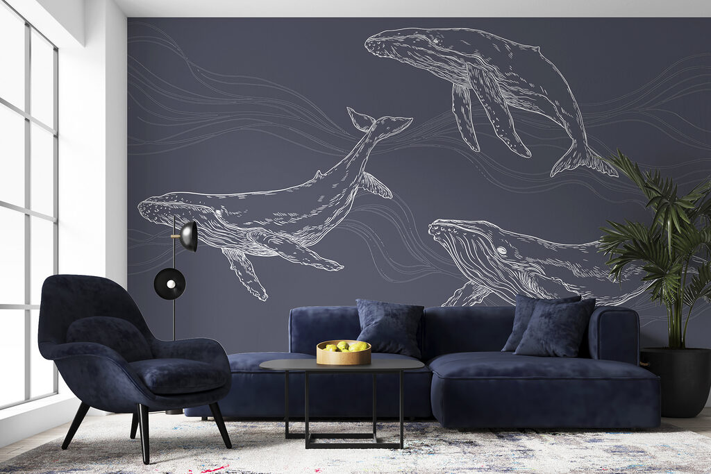 Drei Wale zwischen Wellenlinien in einem Interieur