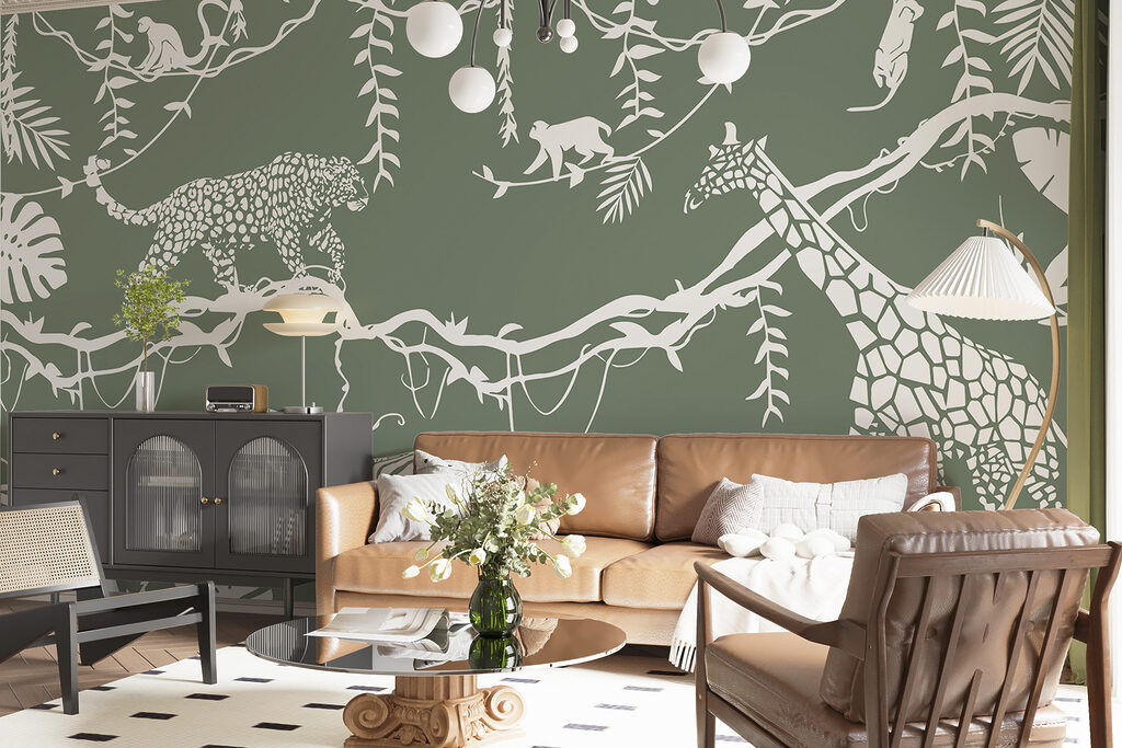 Dschungeltiere in weißen Konturen in einem Interieur