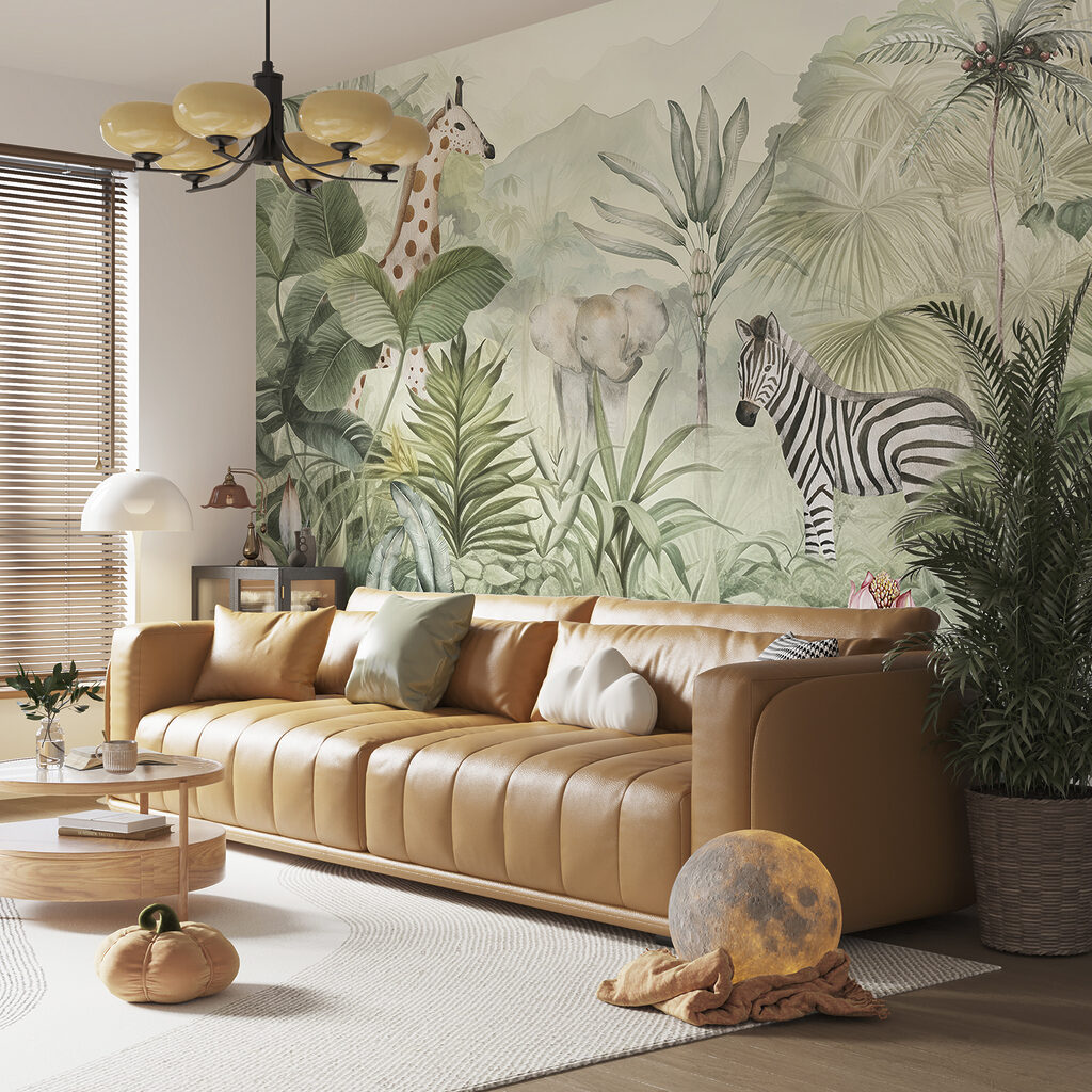 Zebra zwischen zarten Dschungelblättern in einem Interieur