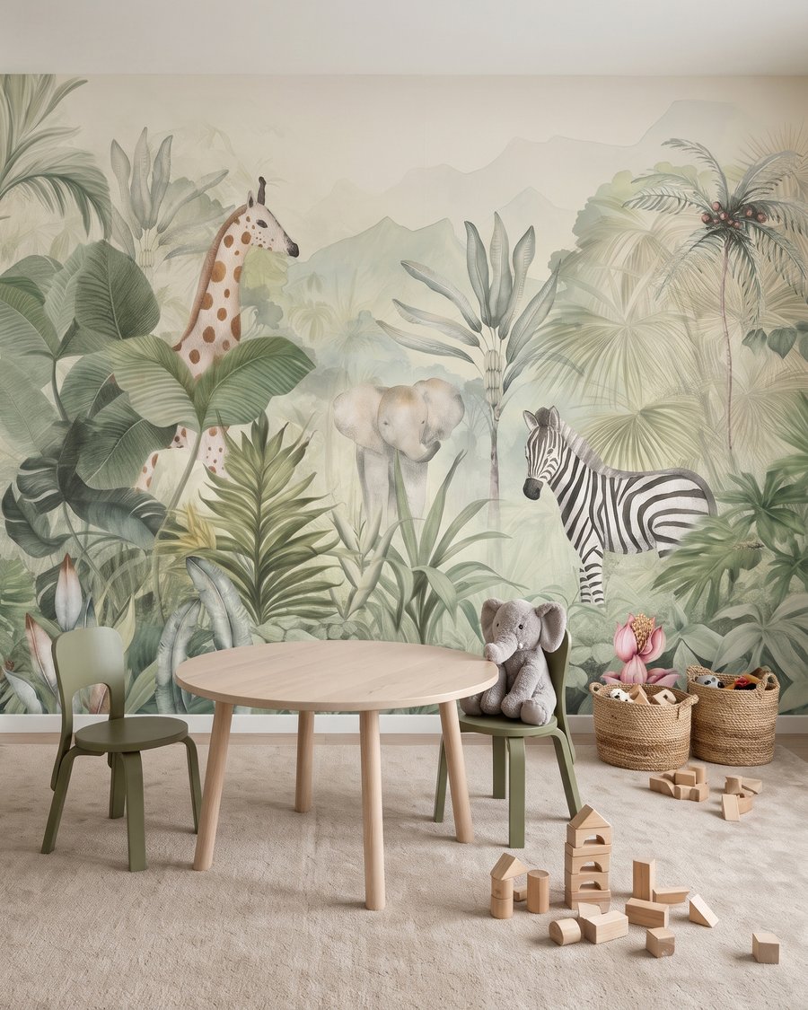 Zebra zwischen zarten Dschungelblättern in einem Interieur