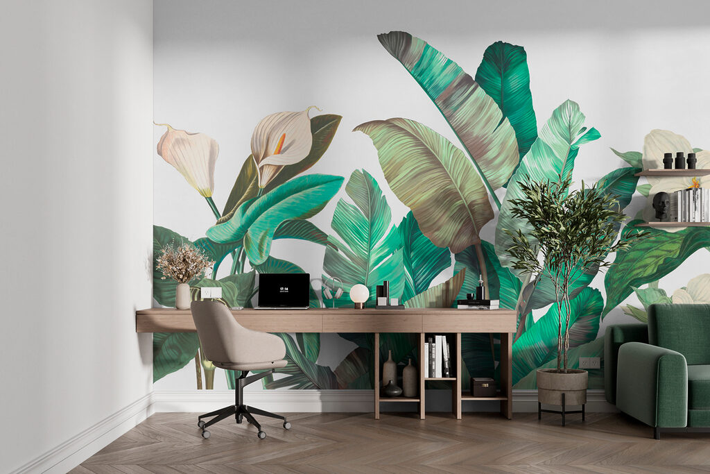 Blätter mit weißen Kelchen in einem Interieur