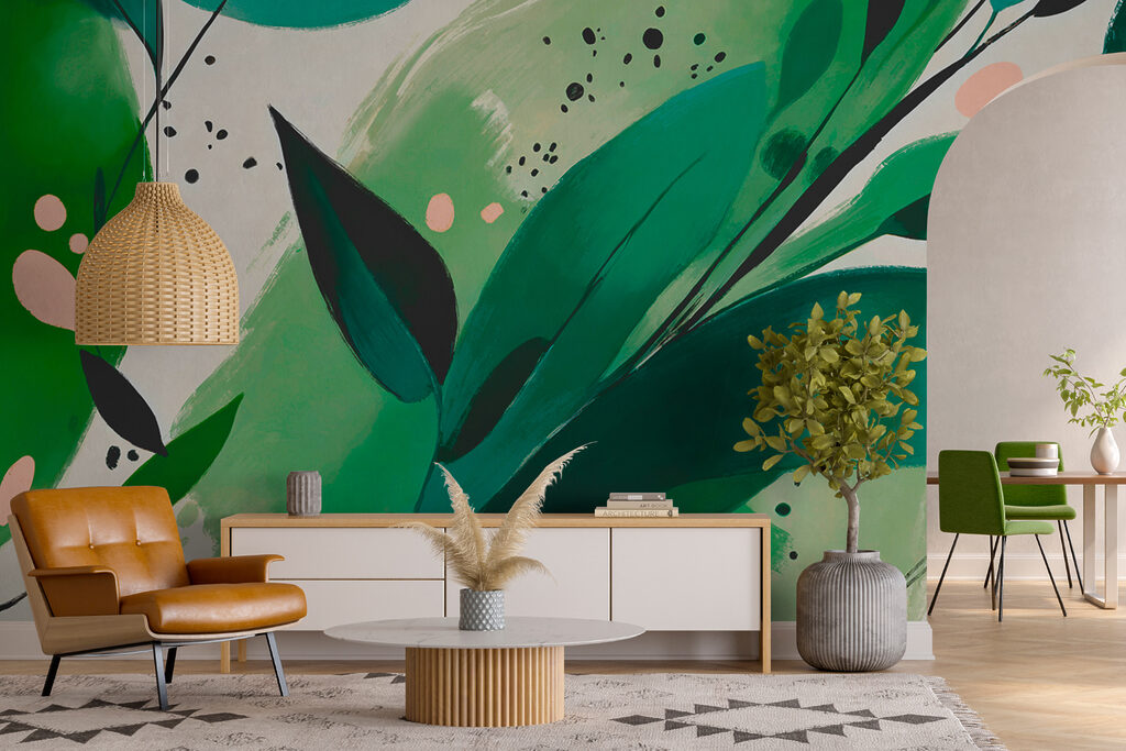 Grüne Farbschwünge mit Blättern in einem Interieur