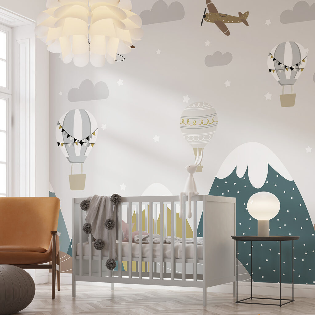 Flugzeuge über gepunkteten Bergen in einem Interieur