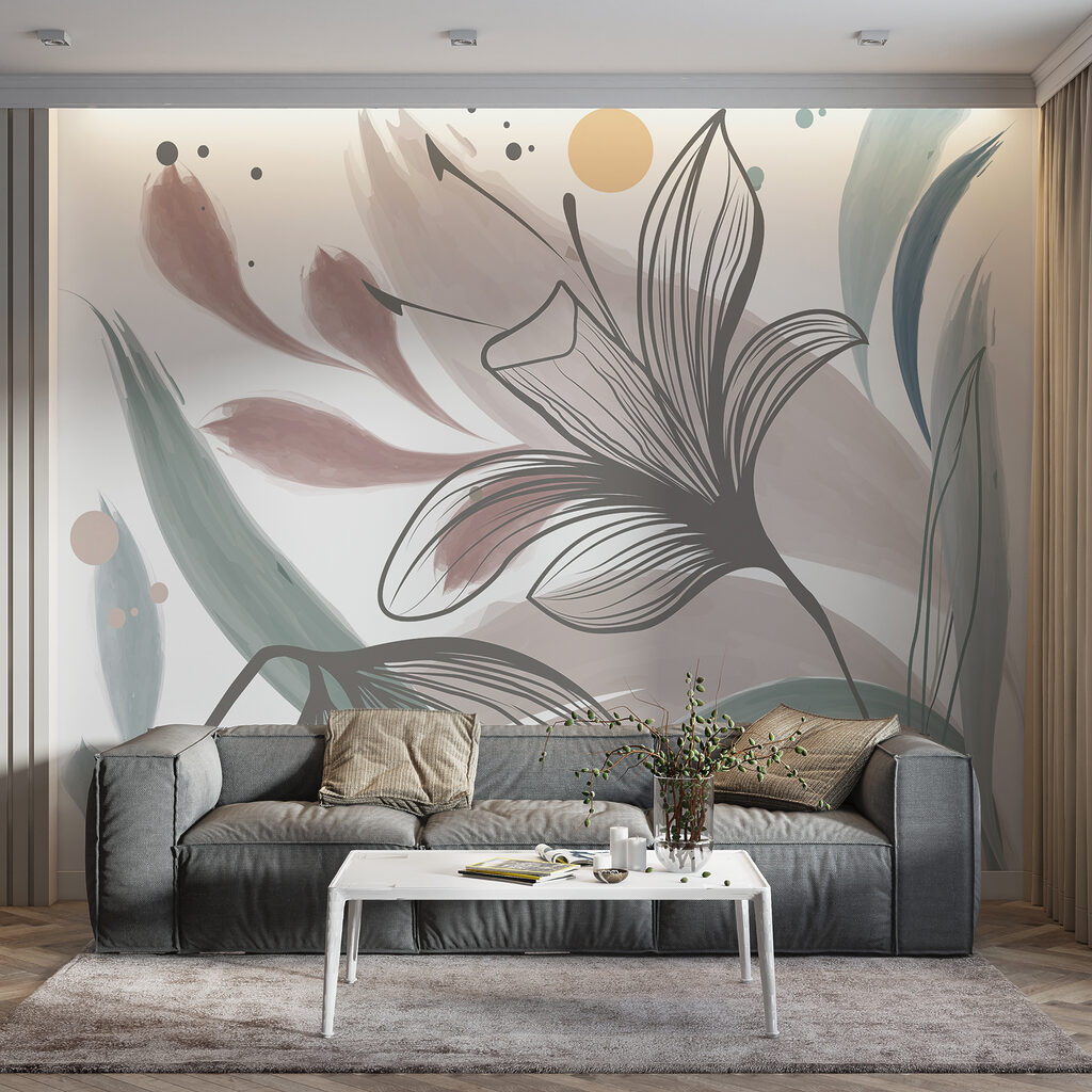 Gezeichnete Blumen zwischen Farbflächen in einem Interieur