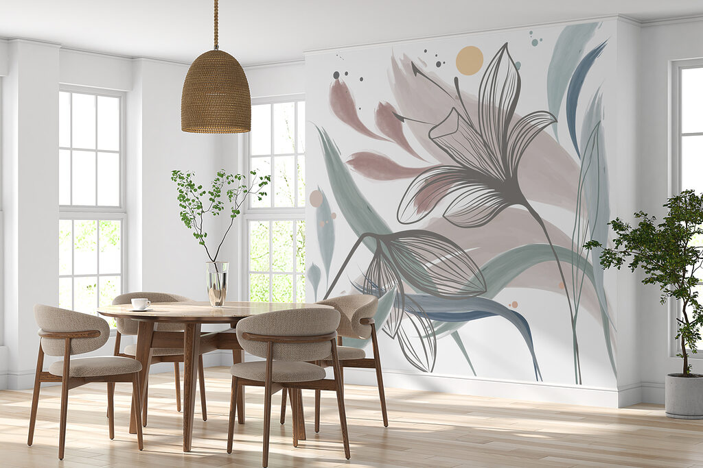 Gezeichnete Blumen zwischen Farbflächen in einem Interieur