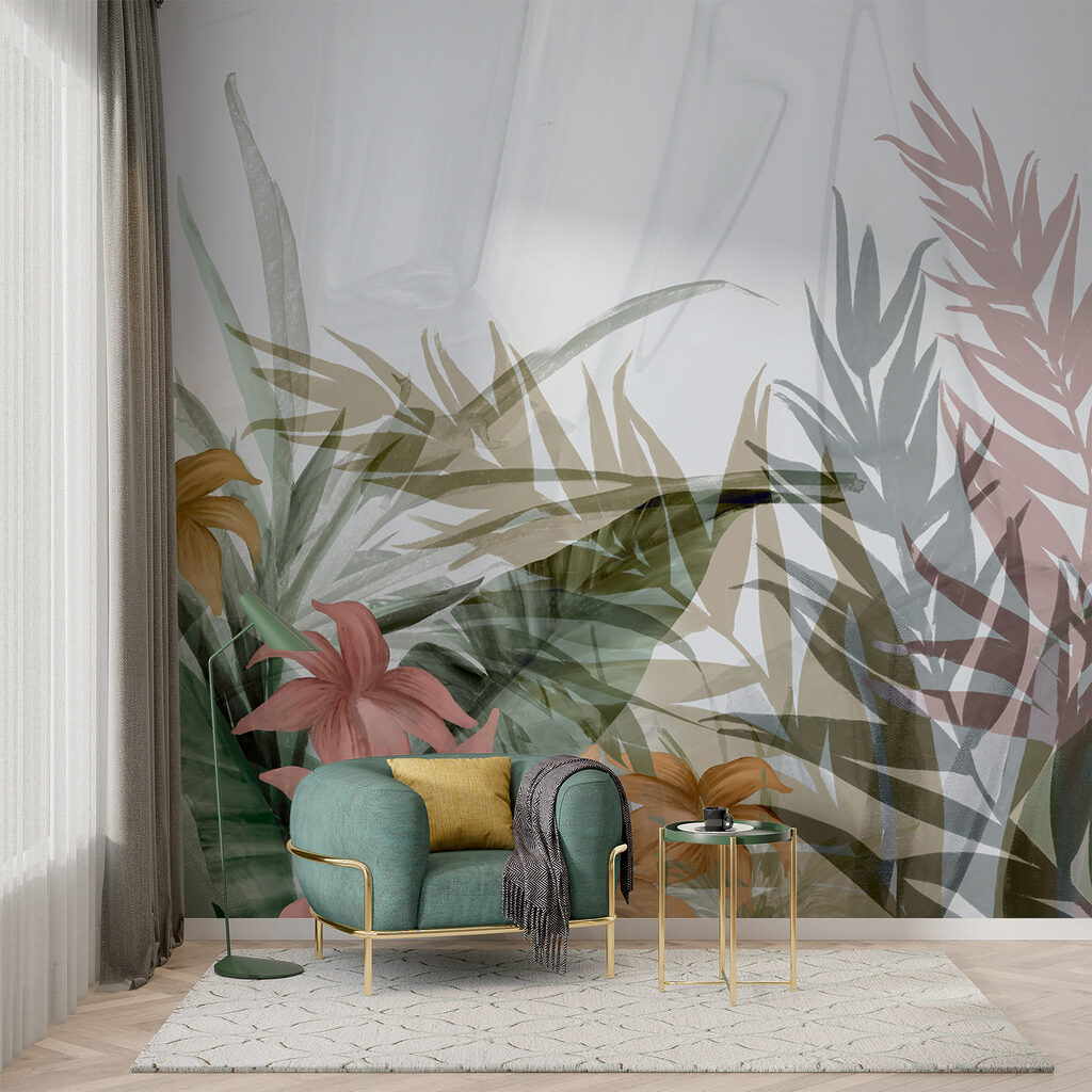 Blätter vor einem Schleier in einem Interieur