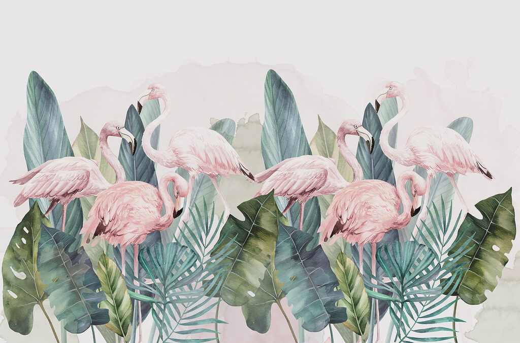 Flamingos hinter üppigem Laub — ganzes Design