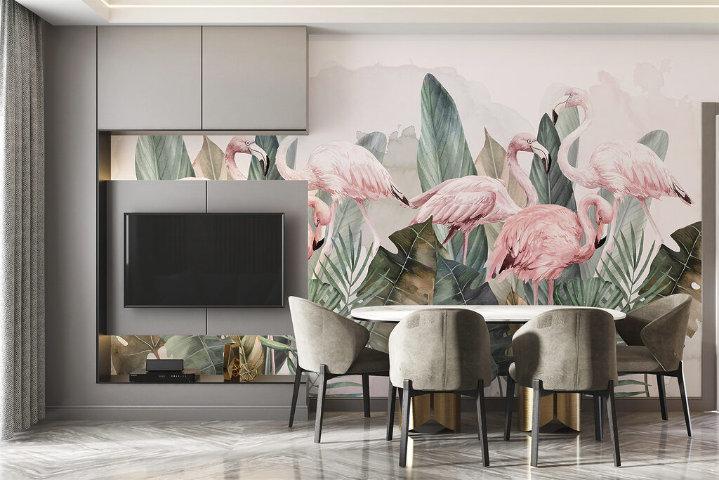 Flamingos hinter üppigem Laub in einem Interieur