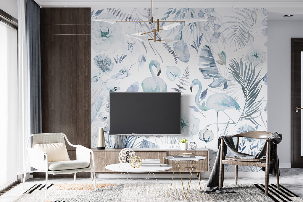 Flamingos im Blütenmuster in einem Interieur