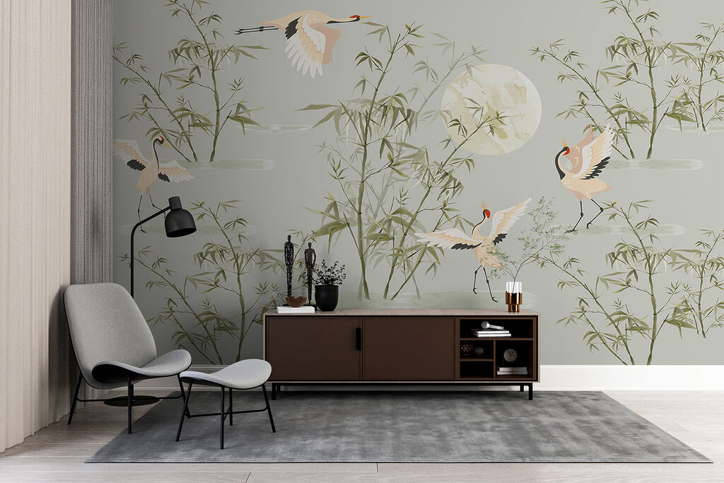 Kraniche zwischen Bambus in einem Interieur