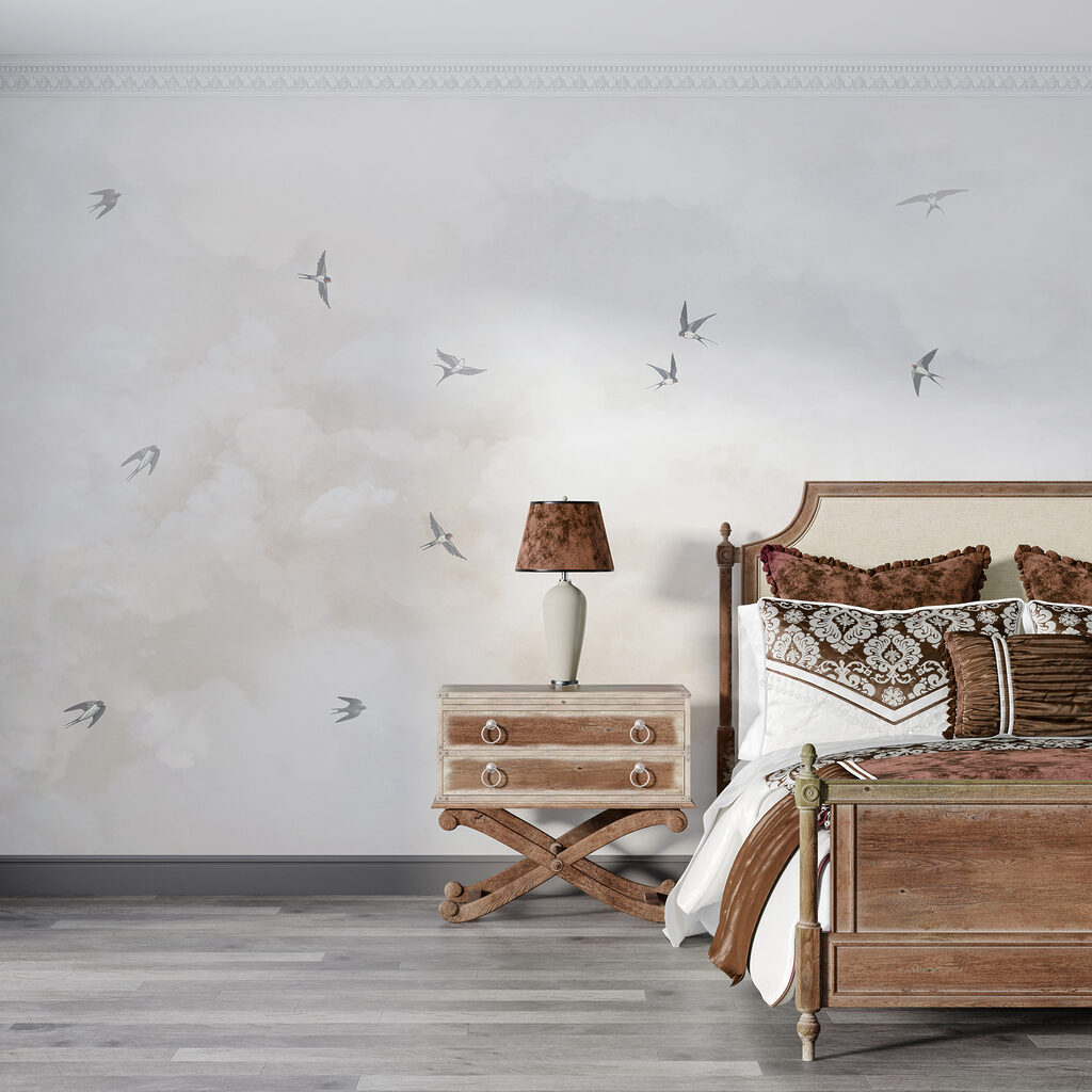 Vögel zwischen zarten Wolken in einem Interieur
