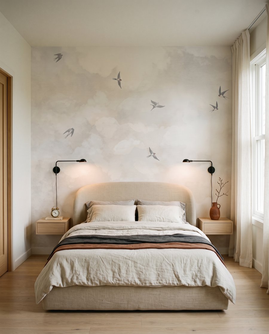 Vögel zwischen zarten Wolken in einem Interieur