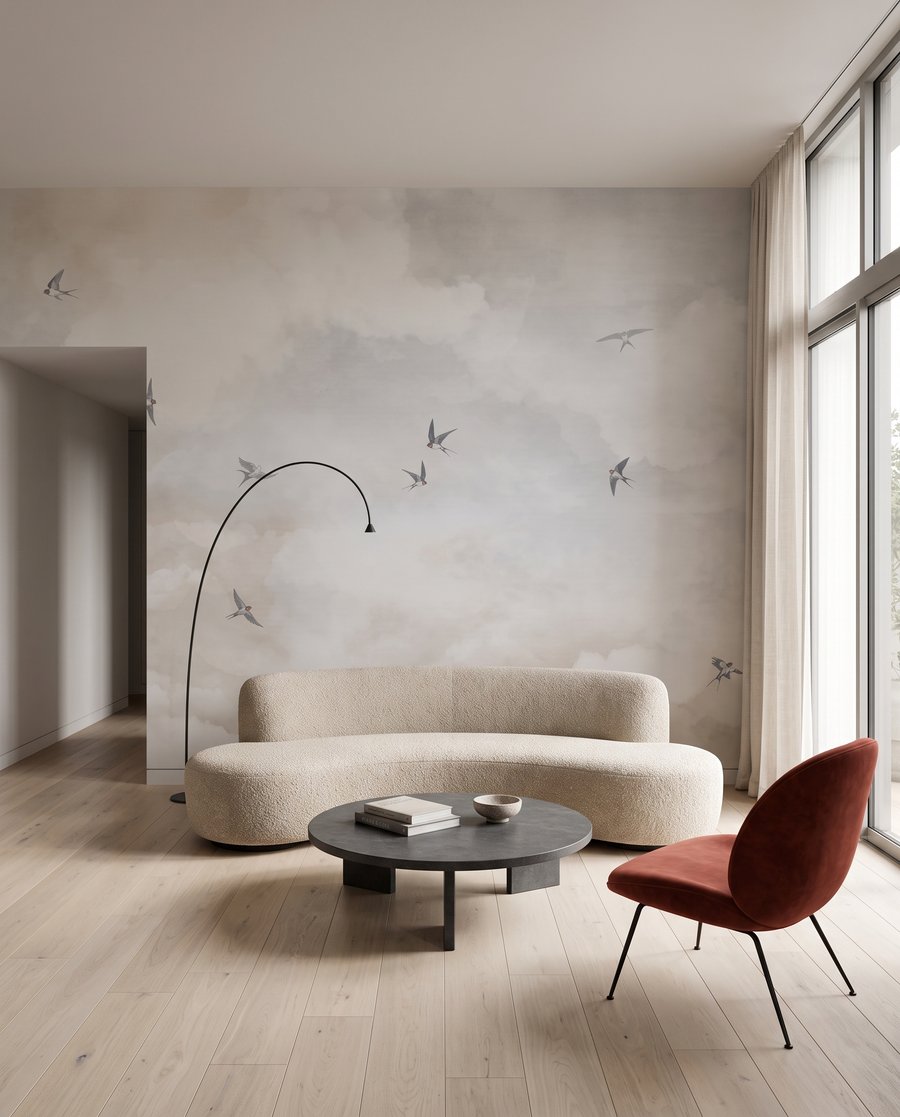 Vögel zwischen zarten Wolken in einem Interieur