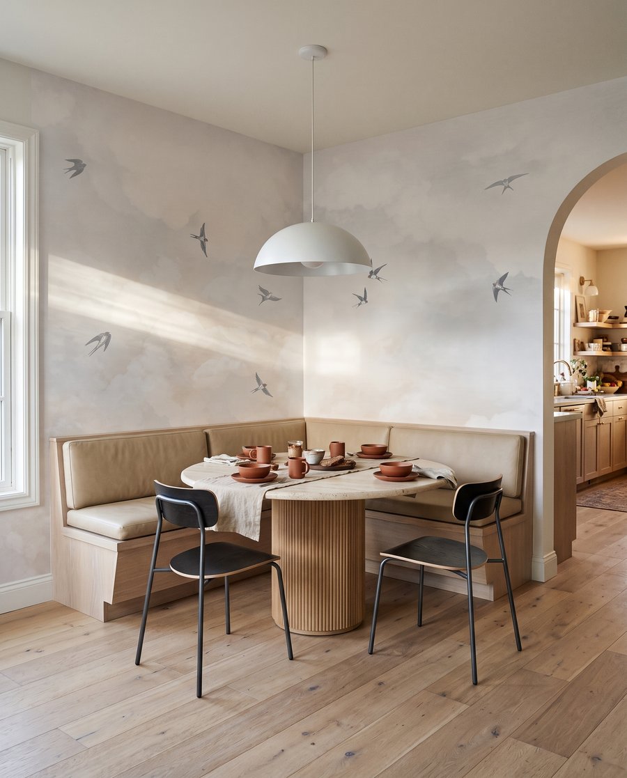 Vögel zwischen zarten Wolken in einem Interieur