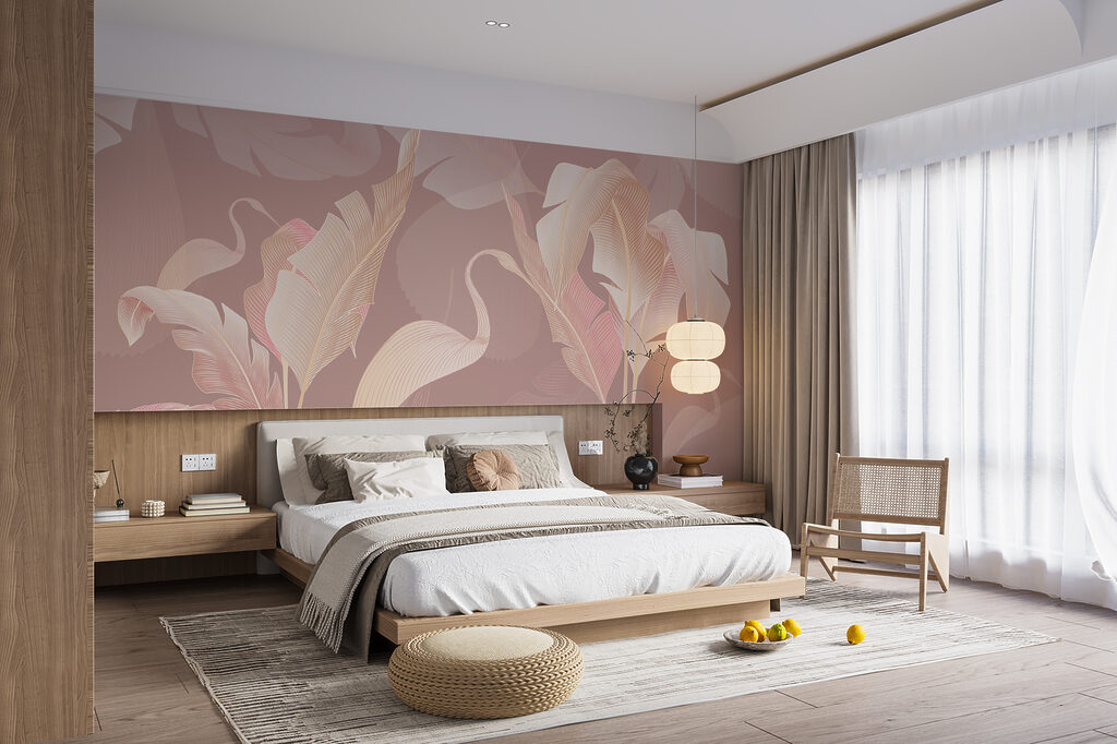 Flamingosilhouetten im Laub in einem Interieur
