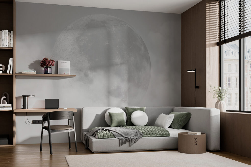 Mond hinter dichten Wolken in einem Interieur