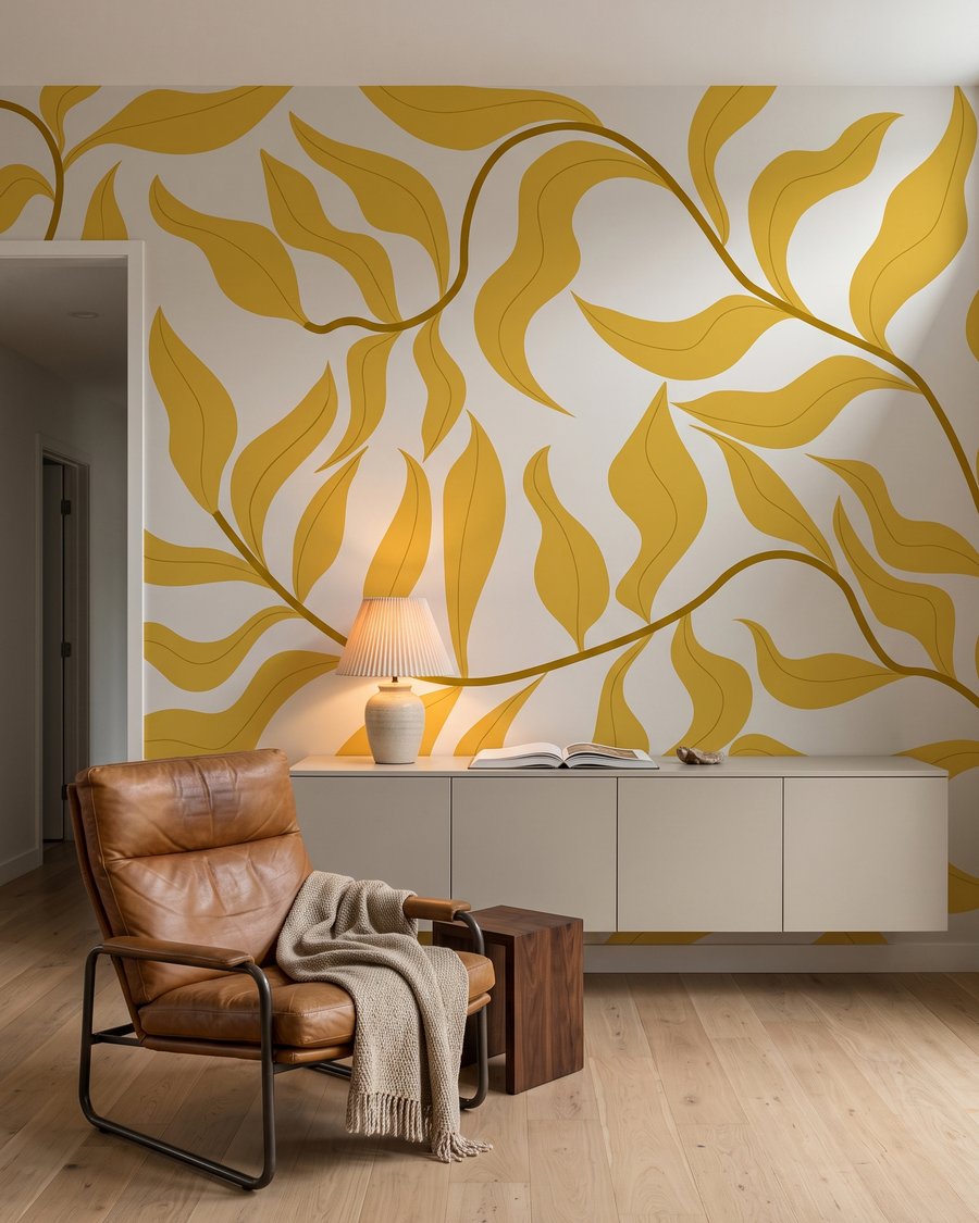 Blattzweige wie wellige Bänder in einem Interieur