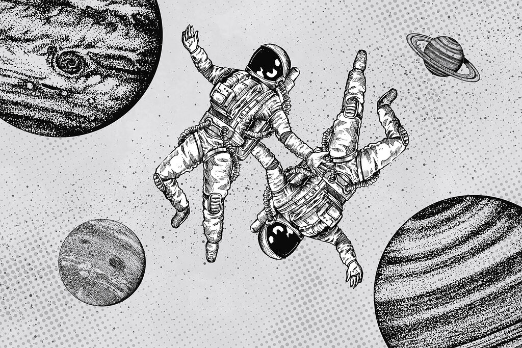 Zwei schwebende Astronauten — ganzes Design