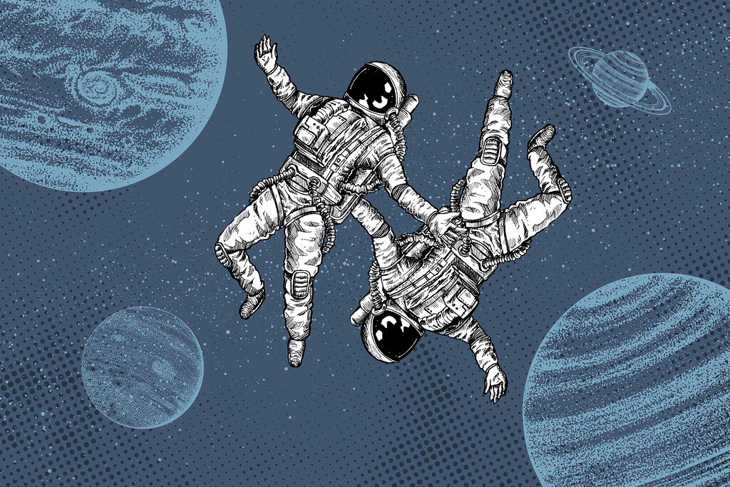 Zwei schwebende Astronauten — ganzes Design