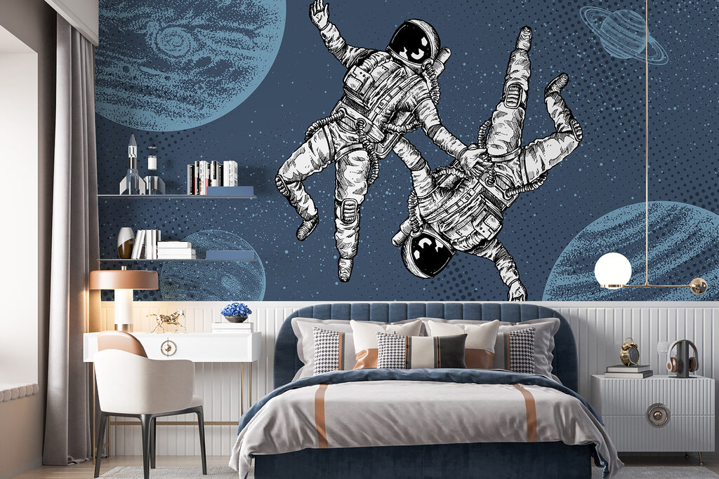 Zwei schwebende Astronauten in einem Interieur