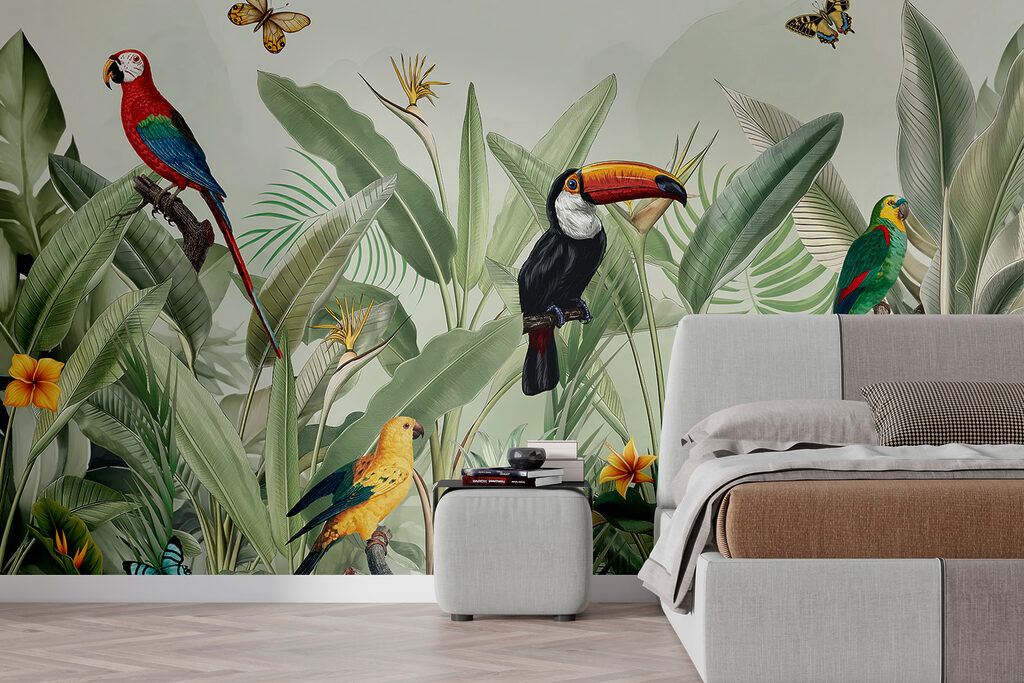 Tukan zwischen grünen Blättern in einem Interieur