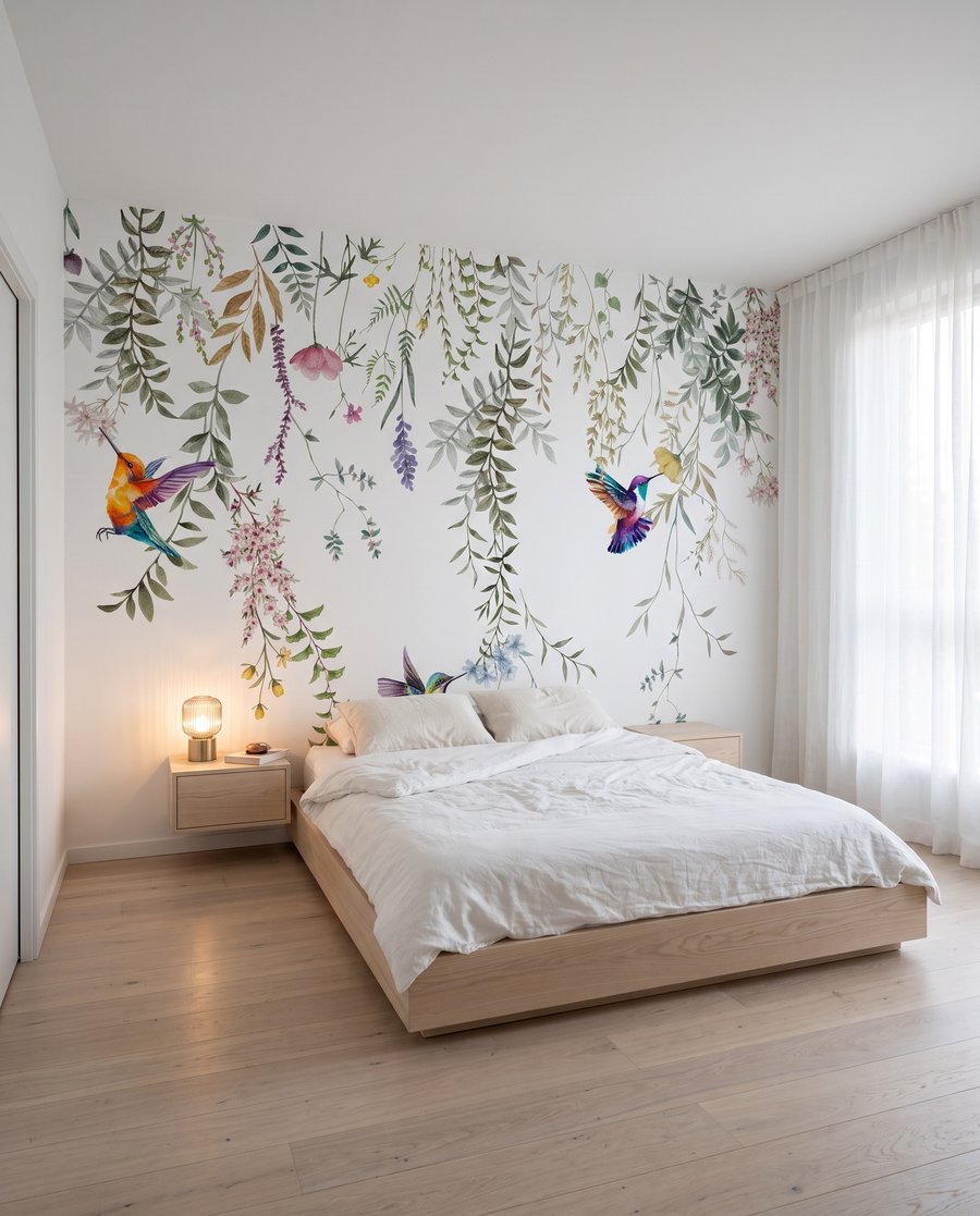 Kolibris unter Blütengirlanden in einem Interieur