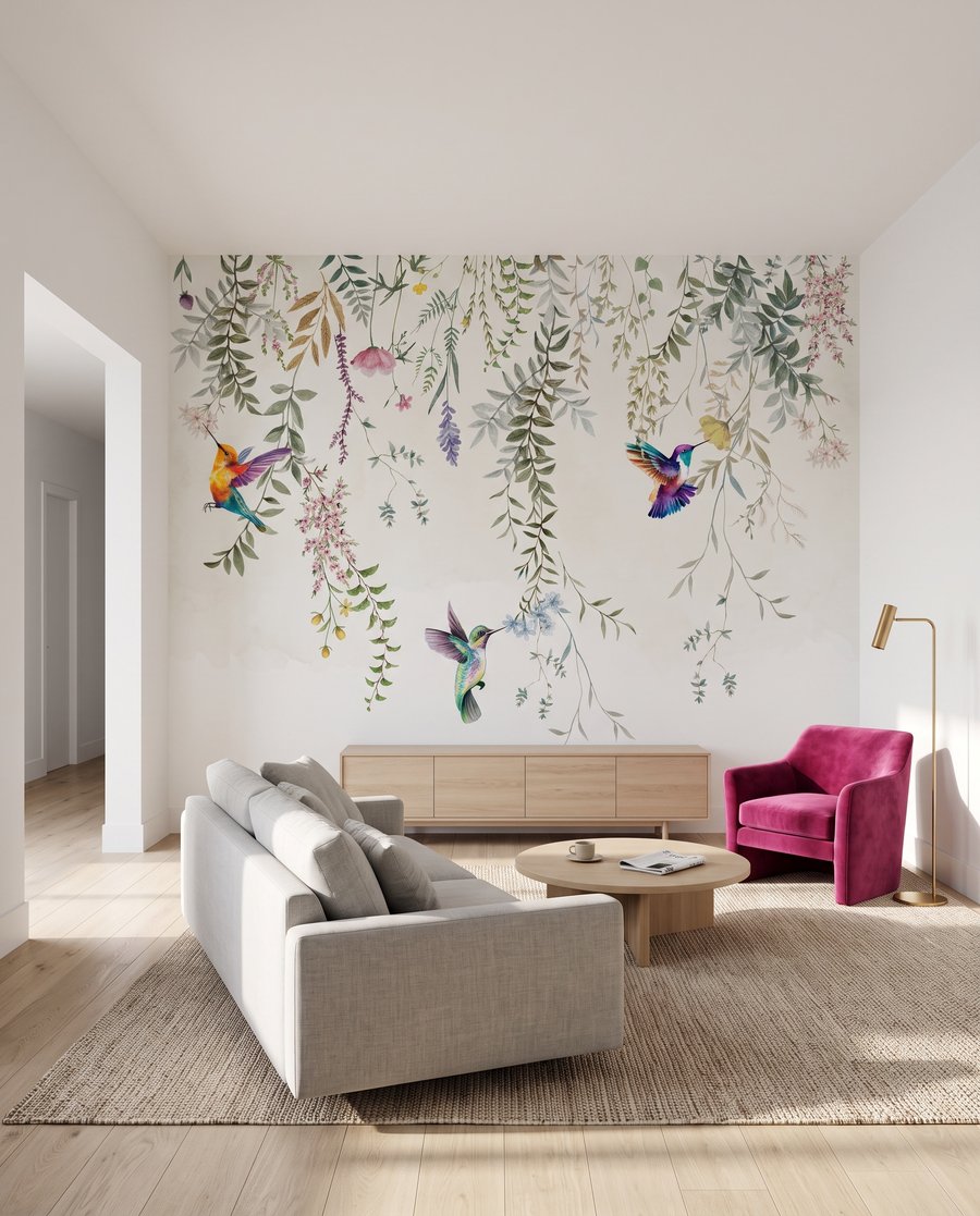 Kolibris unter Blütengirlanden in einem Interieur