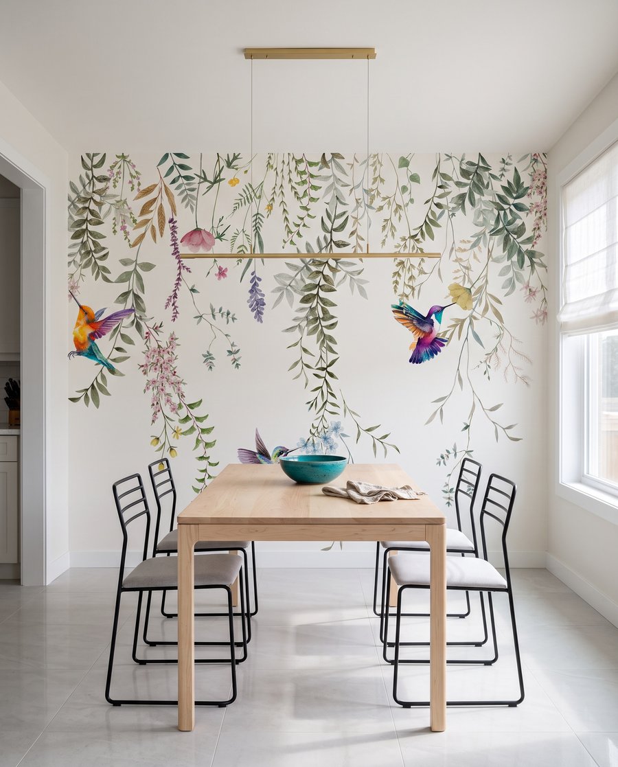 Kolibris unter Blütengirlanden in einem Interieur