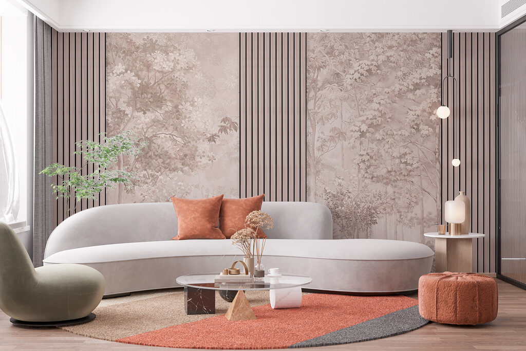 Wald zwischen schlanken Latten in einem Interieur