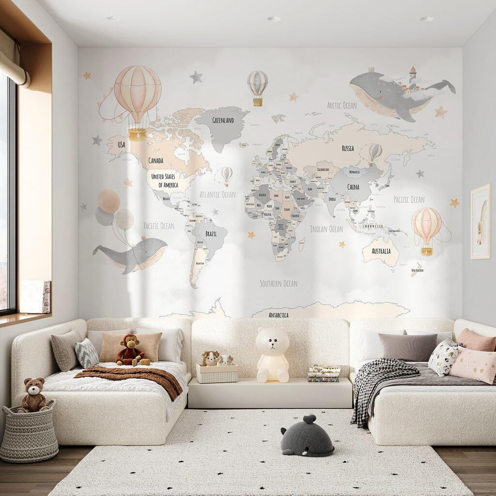 Weltkarte mit Walen in einem Interieur