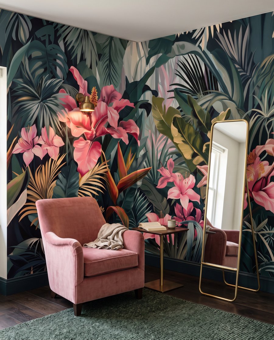 Rosa Blüten im Blattschatten in einem Interieur